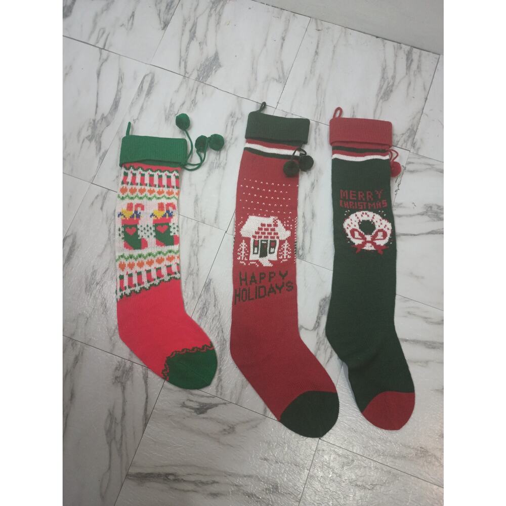 Vintage 80s Knitted Stockings Christmas Pom Pom Holiday Lot‎ of 3